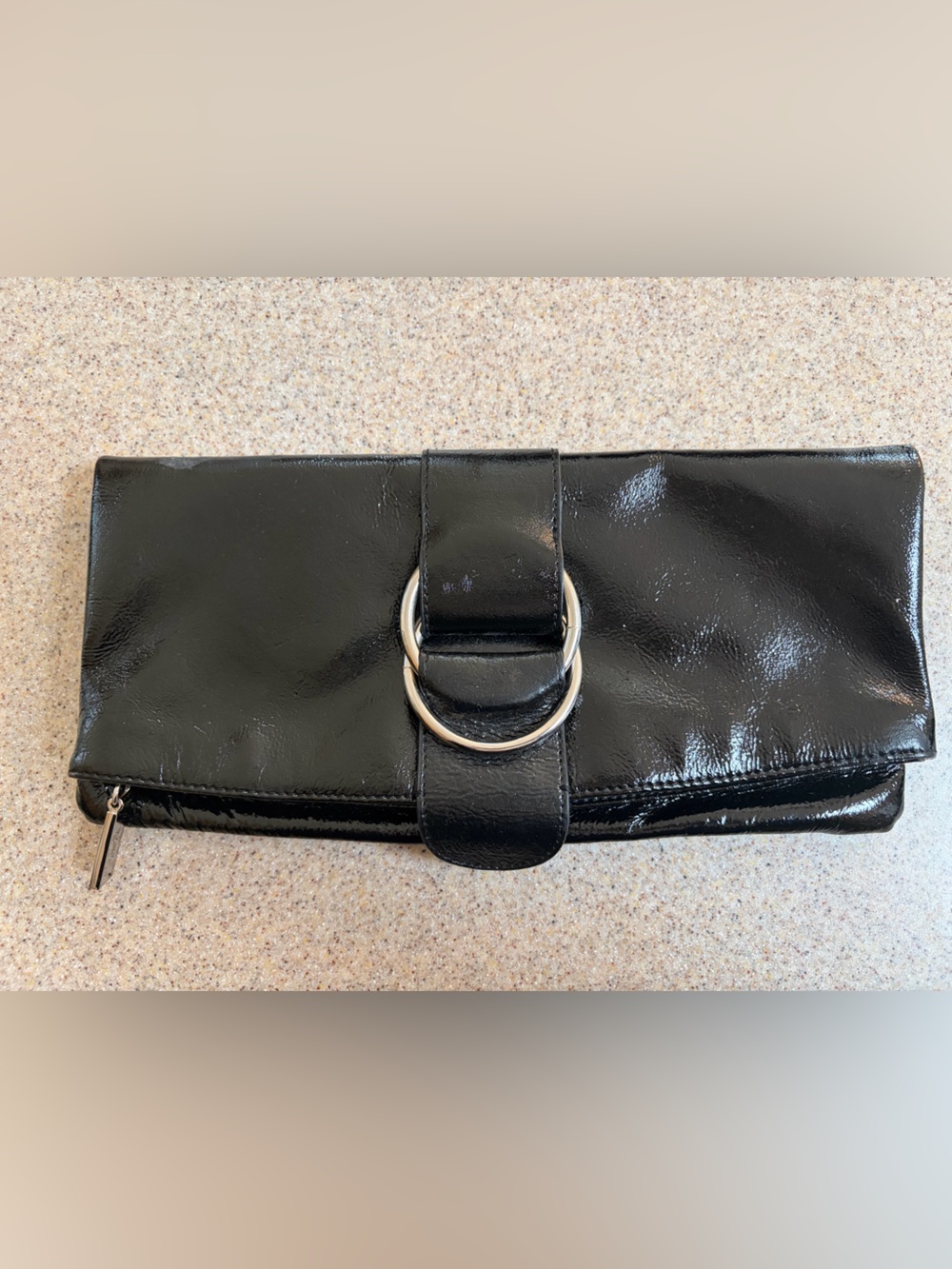 Hobo Glossy Black Leather Foldover Clutch Wallet with Silver Hardware